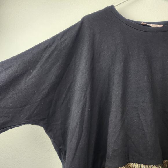 Traffic People Blouse Black Gold Pleating Size Small NWT 3/4 Sleeve Boxy Wide - Picture 4 of 7